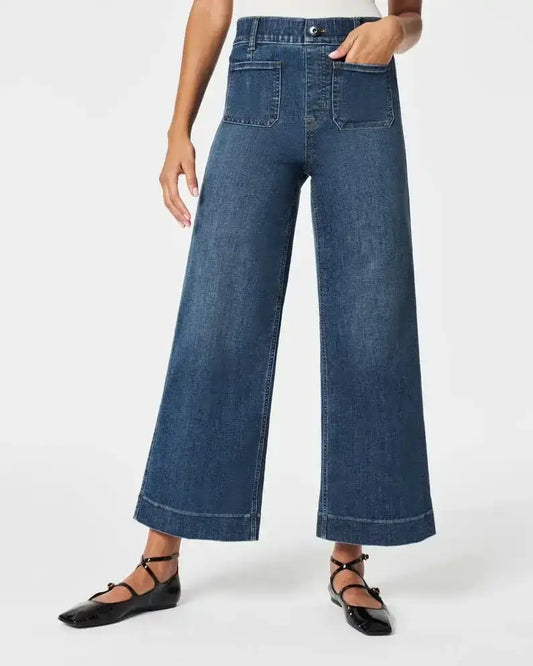 High‑Rise Tummy Control Wide‑Leg Crop Jeans